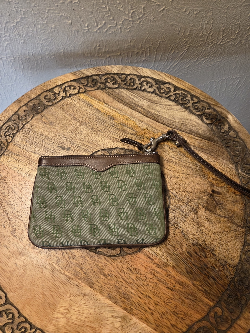 Dooney & Bourke Olive Logo Canvas Wristlet inside key ring